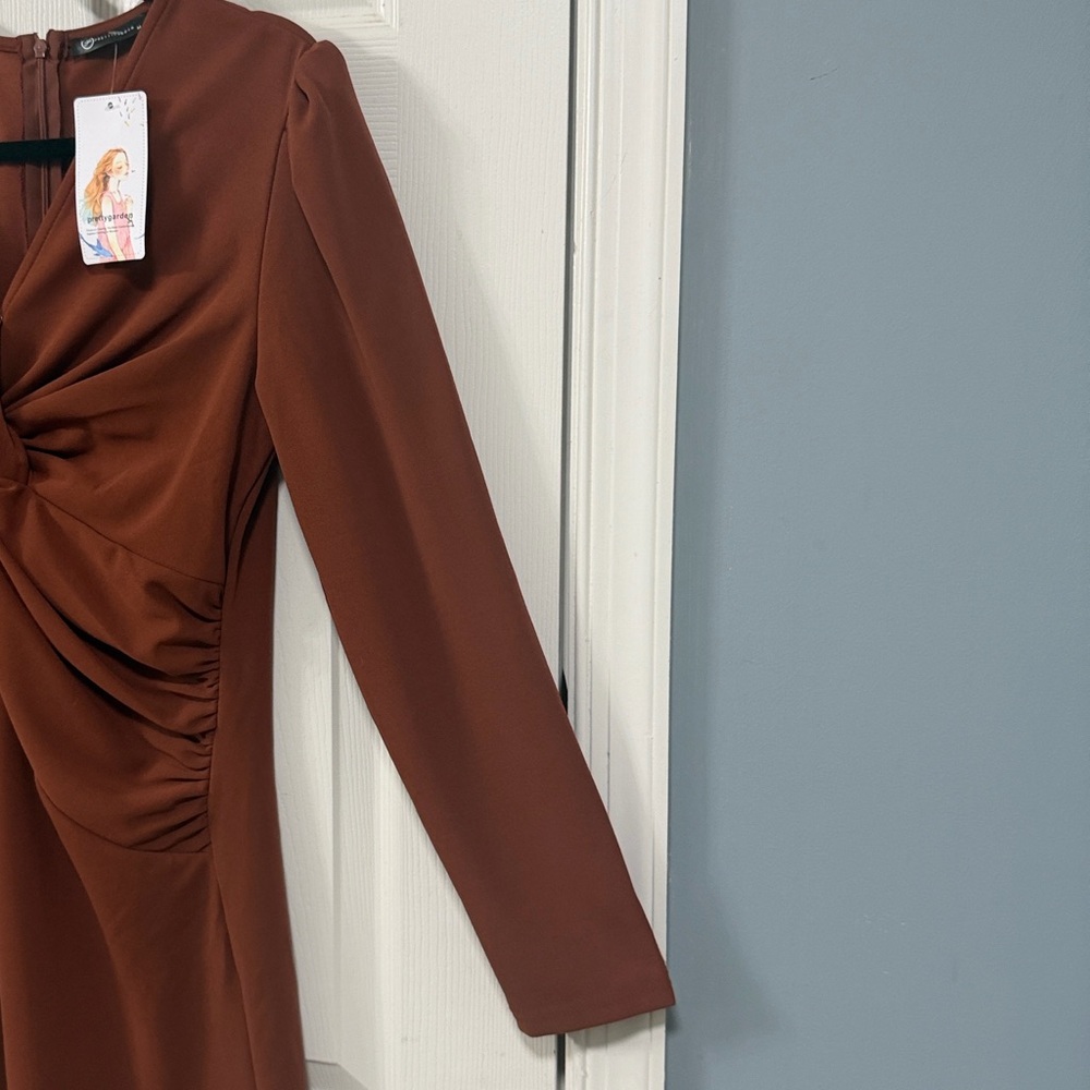 New PrettyGarden Long Sleeve Brown Dress Elegant Wear Career Office Wear Luxury - Picture 7 of 15